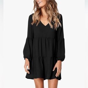 Black V-Neck Long Sleeve Tiered Mini Dress